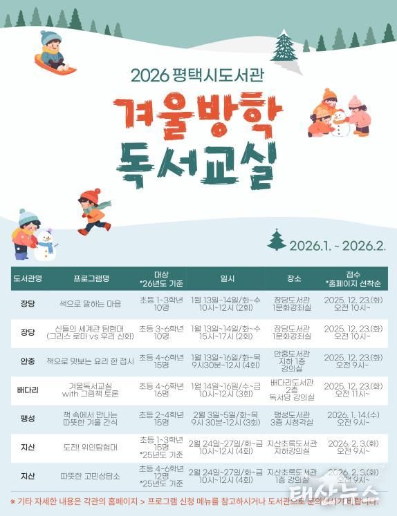 2026년 평택시 도서관 ‘겨울방학 독서교실’ 운영