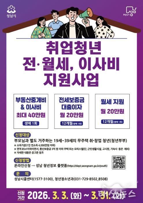 성남시 ‘취업 청년 전월세·이사비 지원 사업’ 안내 포스터