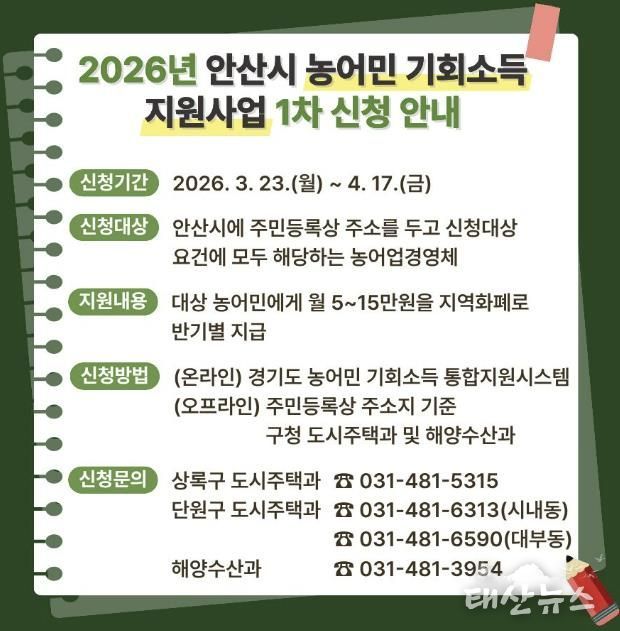 '2026 안산시 농어민 기회소득 지원사업' 디지털 홍보자료.